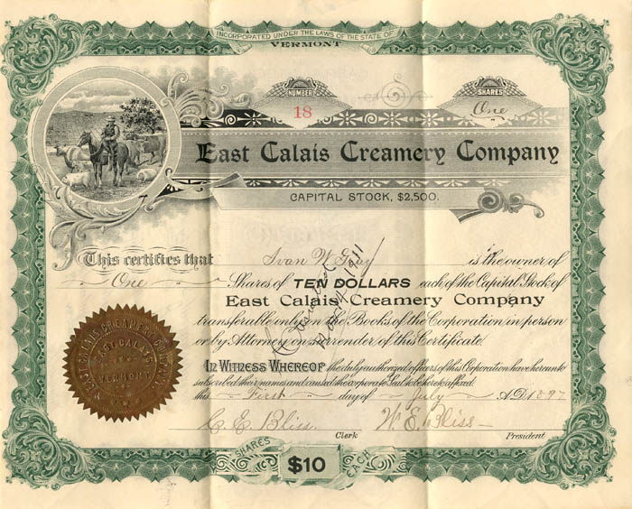 East Calais Creamery Co. - Stock Certificate